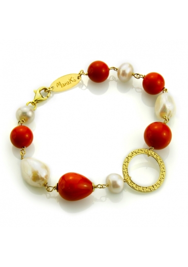 Bracciale bamboo rosso, perle coltivate﻿