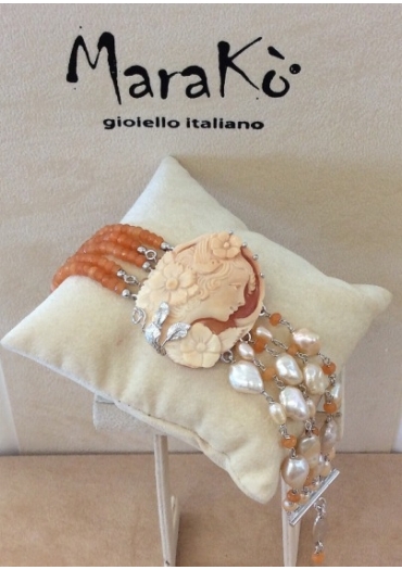 bracciale cammeo, perle di fiume agata arancione﻿