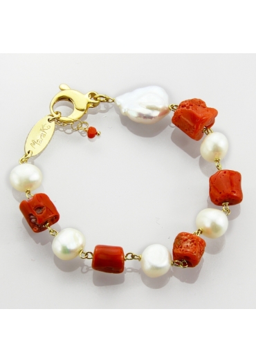 Bracciale corallo rosso, perle coltivate﻿