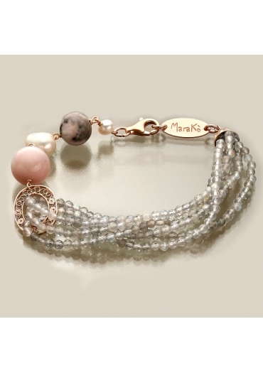 bracciale labradorite diamantata,diaspro rosa, perle coltivate