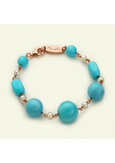 Bracciale pasta turchese 4 fiori, perle coltivate﻿