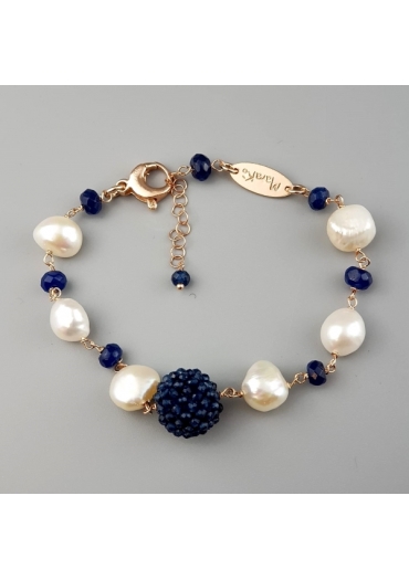 Bracciale perle coltivate, mora agata blu zaffiro﻿