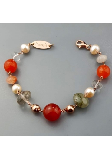Bracciale quarzi multicolor, agata arancione, perle coltivate﻿