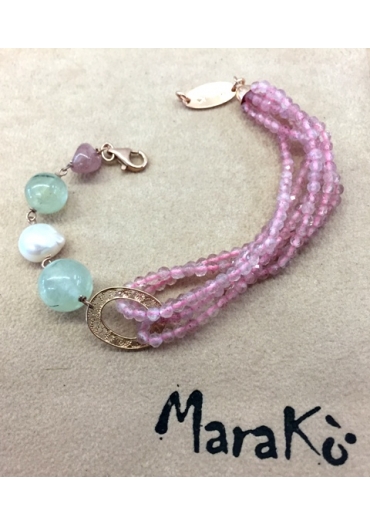 Bracciale quarzo rosa diamantato, quarzo rutilato verde, perle coltivate﻿