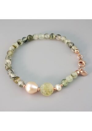 Bracciale quarzo rutilato verde 6mm, perle coltivate﻿