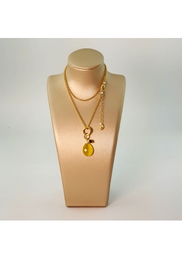 Catena fantasy, pl oro 42-50 cm- Goccia, Agata Gialla 18×13 mm