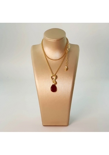 Catena fantasy, pl oro 42-50 cm- Goccia, agata ruby 18x13 mm﻿