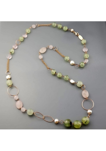 Chanel quarzo rosa, Quarzo rutilato verde, perle coltivate,
arg.925/00 placcato oro rosa