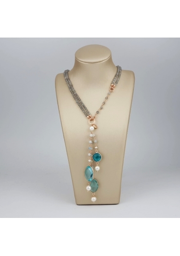 Chanel regolabile 45-90 cm labradorite, perle coltivate,quarzo celeste