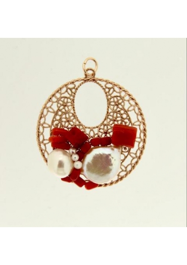 Ciondolo corallo rosso perle coltivate