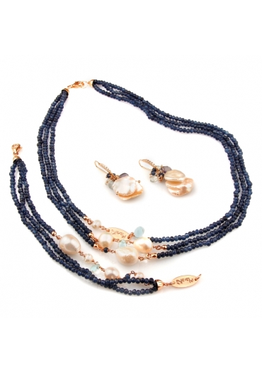 Collier agata blu zaffiro, perle coltivate, acquamarina