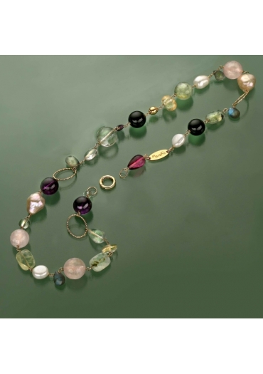 Collana componibile quarzo rutilato verde, ametista, perle coltivate, citrino, labradorite,quarzo rosa﻿