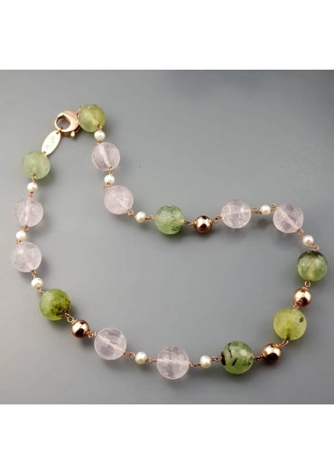 Collier quarzo rosa, quarzo rutilato verde, perle coltivate