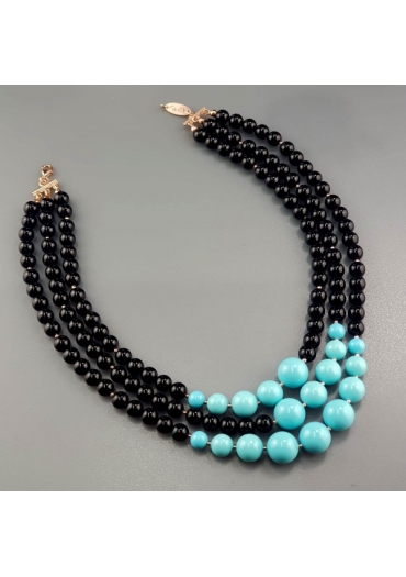 Collier a 3 fili agata nera e pasta turchese 4 fiori﻿
