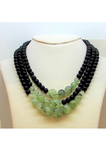 Collier a tre fili, agata nera, quarzo rutilato verde