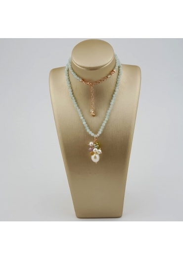 Collier acquamarina, quarzi multicolor perle coltivate