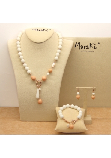 Parure agata bianca e corallo bamboo rosa