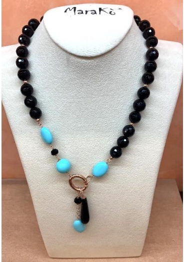 Collier agata nera sfacc.12mm e pasta turchese 4 fiori﻿