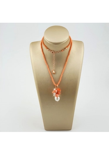 Collier bamboo rosa, perle coltivate,cannetta  corallo rosa﻿