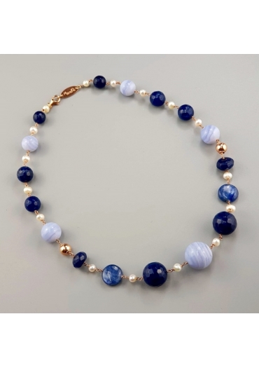 Collier calcedonio, agata blu zaffiro, perle coltivate
