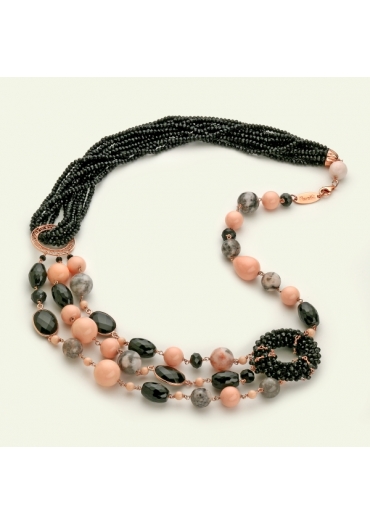 Collier diaspro grigio sfumato, agata nera, bamboo rosa﻿