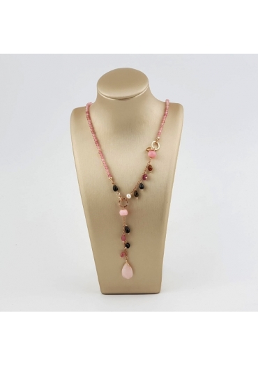 Collier Gioia, quarzo fragola, tormaline, perle coltivate