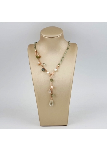 Collier Gioia, quarzo rutilato verde, perle coltivate﻿