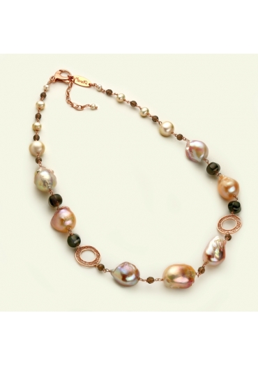 Collier perle barocche rosa, quarzo fumè