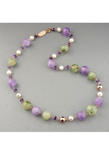 Girocollo ametista, perle coltivate,quarzo rutilato verde