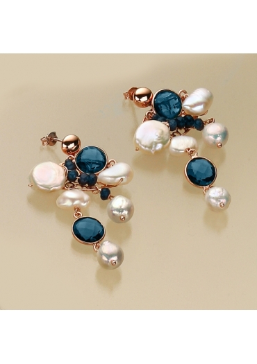 Orecchini agata blu zaffiro, perle di fiume, argento 925/00 placcato oro rosa