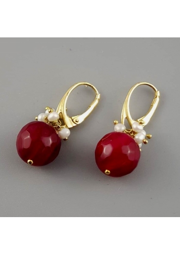 Orecchini agata ruby, perle di fiume, arg.925/00 placcato oro trattato con e-coating lunghezza 4 cm