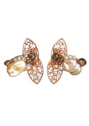 Orecchini a clips perle coltivate, quarzo fumè