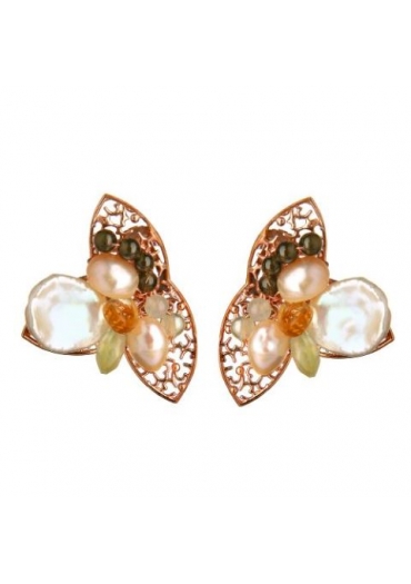 Orecchini a clips perle coltivate quarzo citrino, quarzo verde