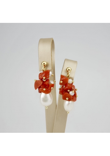 Orecchini a grappolo perle coltivate, corallo rosso﻿