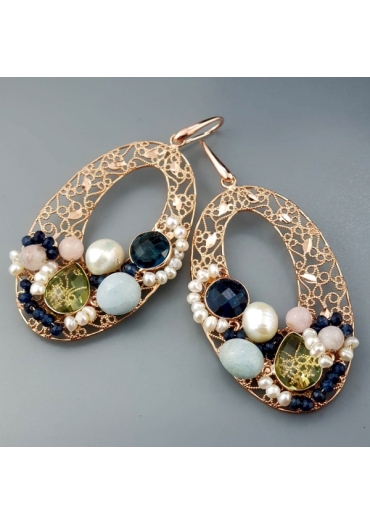 Orecchini acquamarina multicolor, perle coltivate