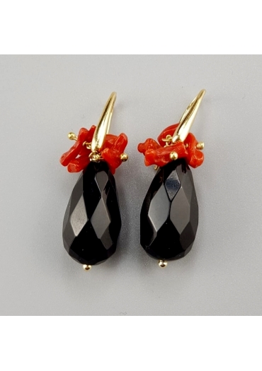 Orecchini agata nera, corallo rosso sardo﻿
