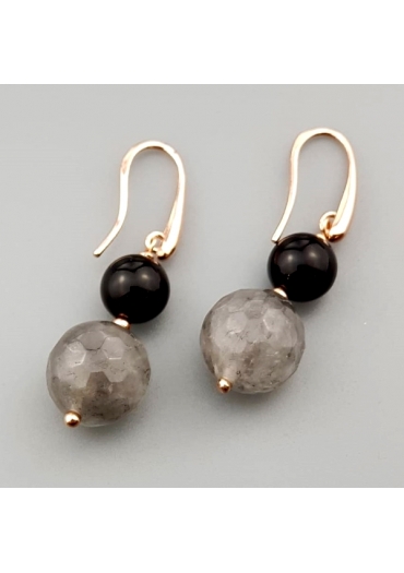 Orecchini agata nera, quarzo rutilato grigio﻿