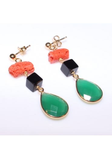 Orecchini agata verde, agata nera, corallo rosso