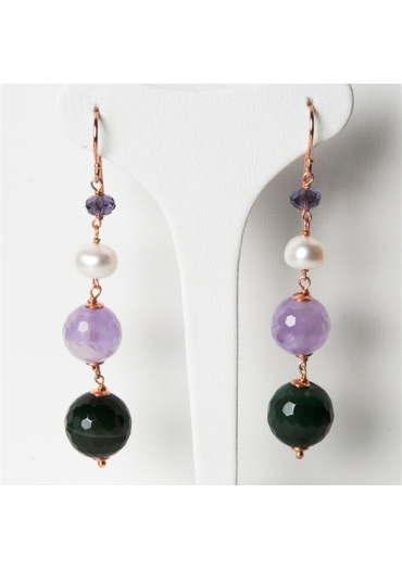 Orecchini, agata verde striata, ametista lavanda, perle coltivate﻿