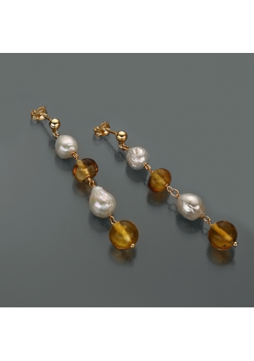 Orecchini , ambra messicana, perle coltivate﻿