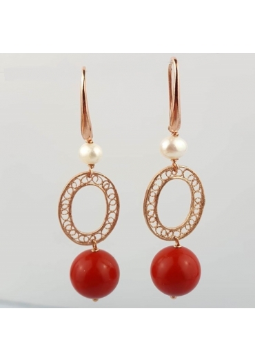 Orecchini corallo bamboo rosso,
perle coltivate,