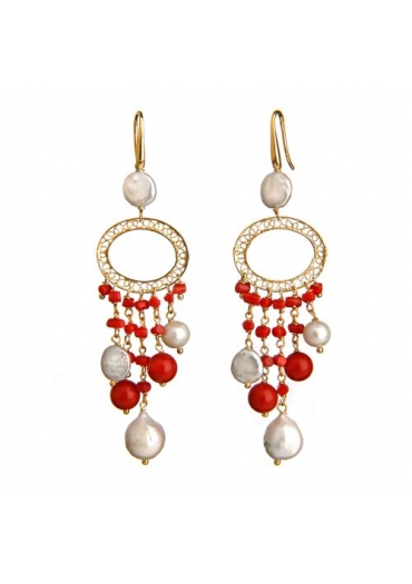 Orecchino corallo rosso e perle di fiume﻿