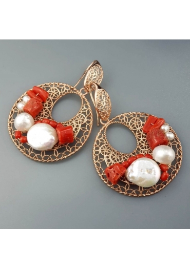 Or corallo rosso, perle di fiume﻿ arg.925/00 placcato oro rosa trattato con e-coating