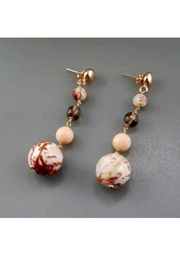 Orecchini diaspro, quarzo fumè, bamboo rosa, arg.925/00 placcato oro rosa