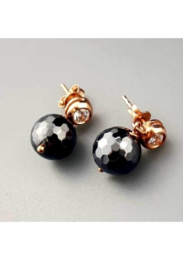 orecchini ematite, argento 925/00  placcato oro rosa, perno con zirconi bianchi