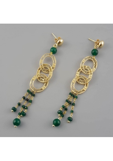 Orecchini filigrana, agata verde smeraldo, lunghezza 10 cm