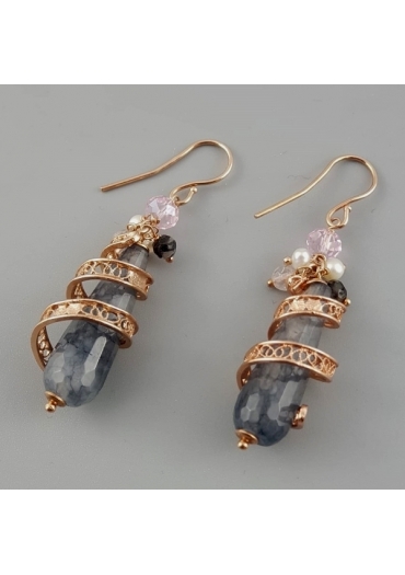 Orecchini, gocce quarzo rutilato grigio,Spirale filigrana﻿