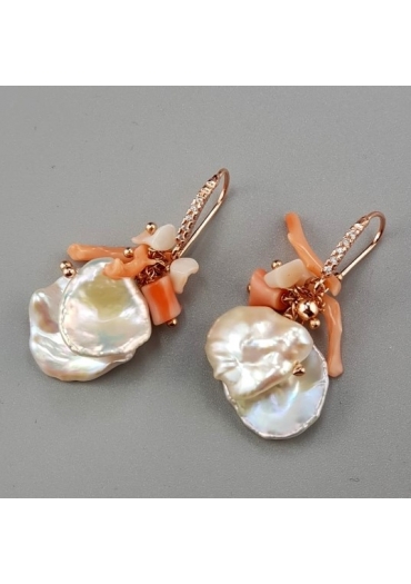 Orecchini perle coltivate, corallo rosa naturale﻿
