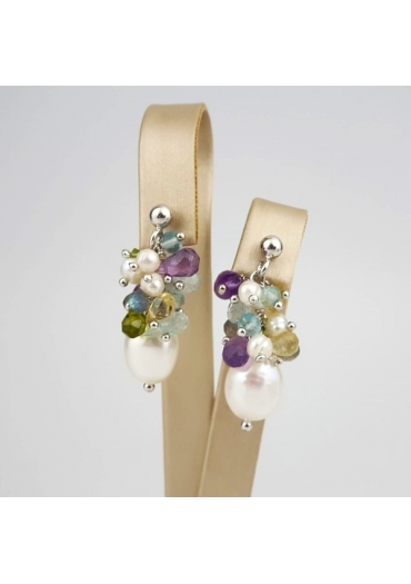 Orecchini grappolo perle coltivatequarzi taglio diamond