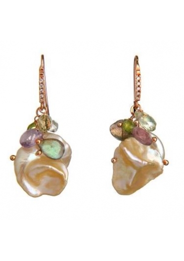 Orecchini perle coltivate biwa, quarzi taglio macchina